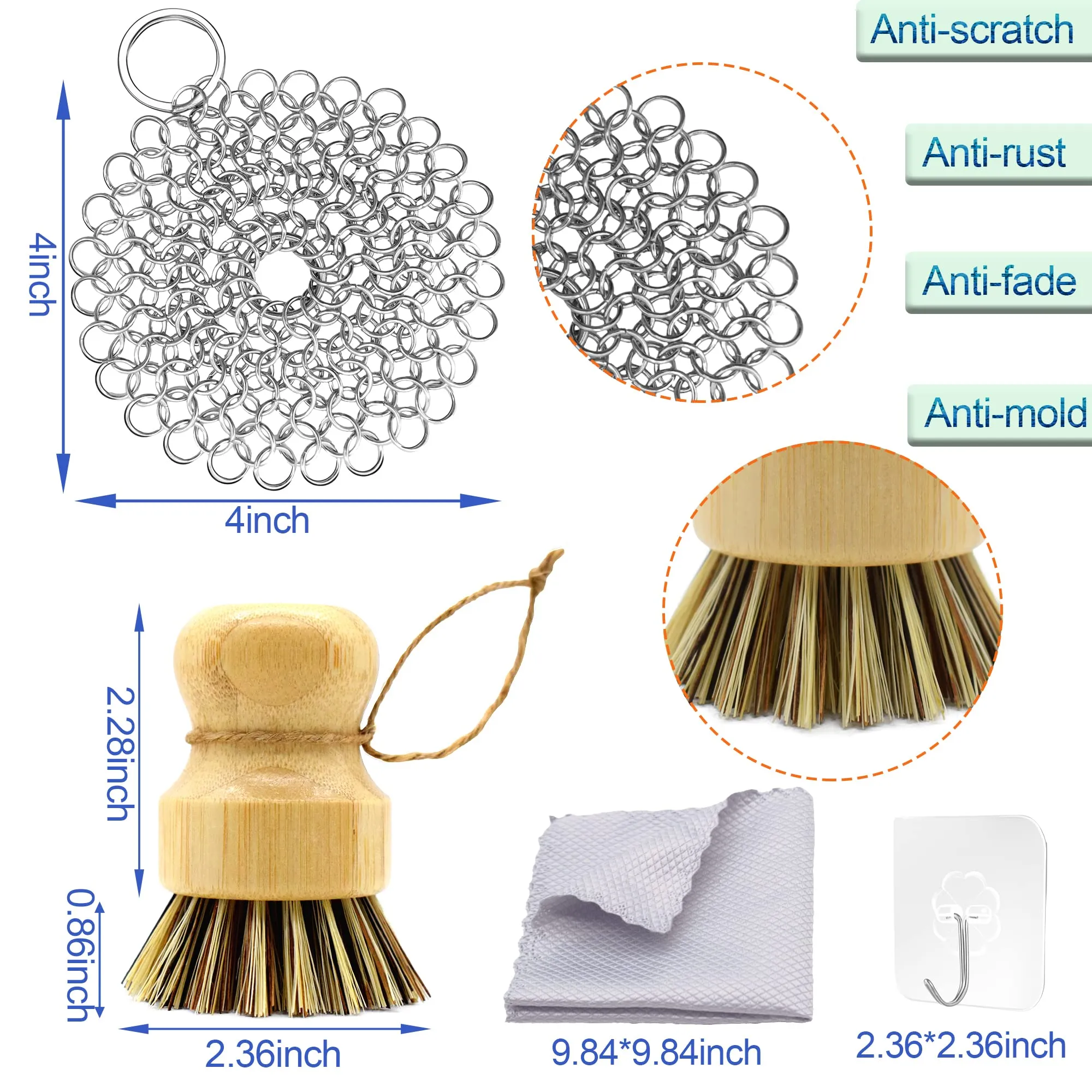 13 Pieces Hot Handle Holder Silicone Set, Cast Iron Cleaner Kit Chainmail with Bamboo Scrub Brush, Grill Pan Scraper Tool, Heat Resistant Skillet Assisit Handle Grips