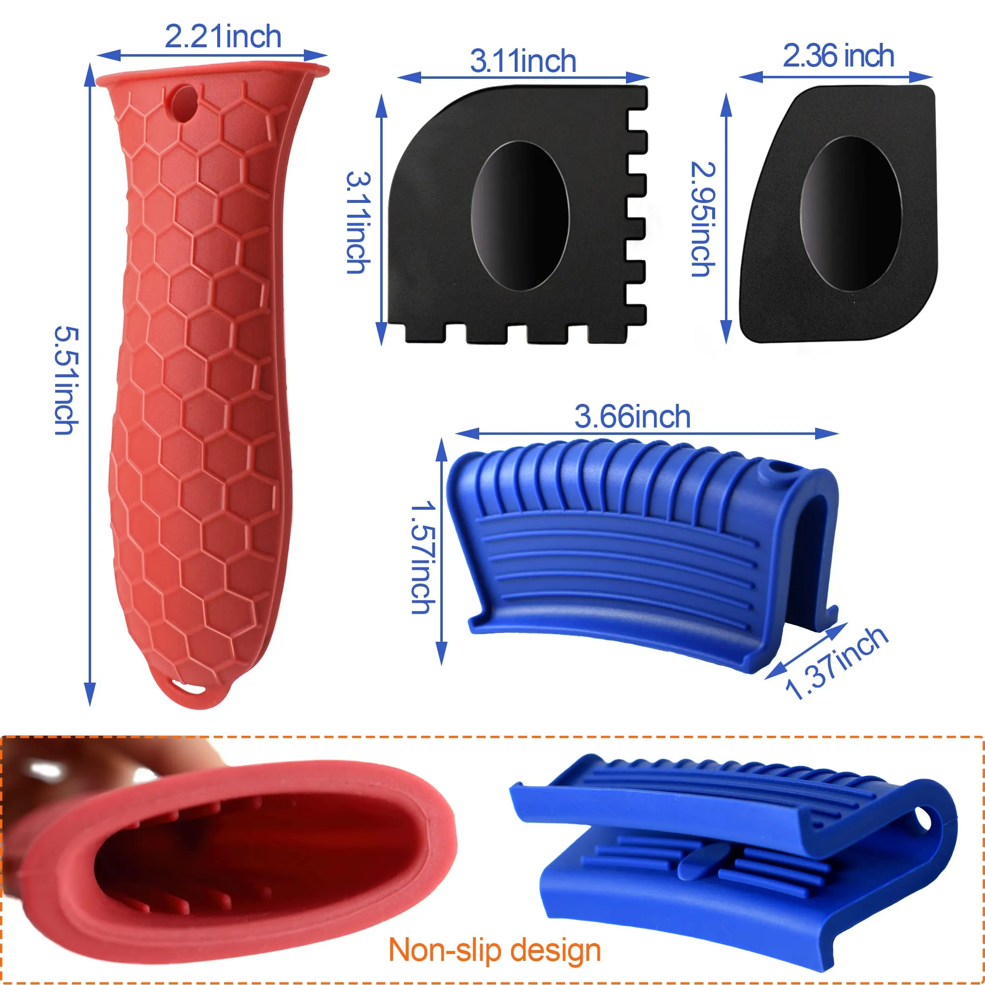 13 Pieces Hot Handle Holder Silicone Set, Cast Iron Cleaner Kit Chainmail with Bamboo Scrub Brush, Grill Pan Scraper Tool, Heat Resistant Skillet Assisit Handle Grips