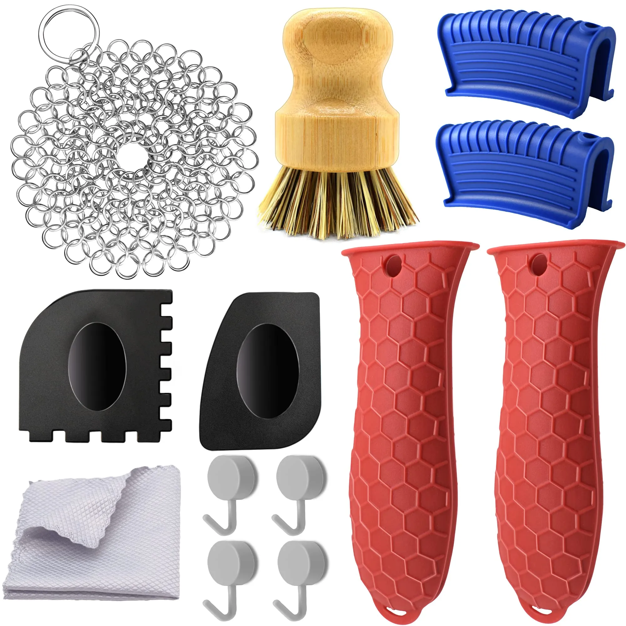 13 Pieces Hot Handle Holder Silicone Set, Cast Iron Cleaner Kit Chainmail with Bamboo Scrub Brush, Grill Pan Scraper Tool, Heat Resistant Skillet Assisit Handle Grips