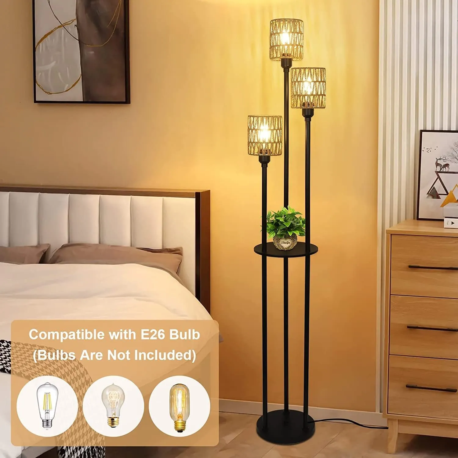 3-Lights Rattan Floor Lamp with Shelves