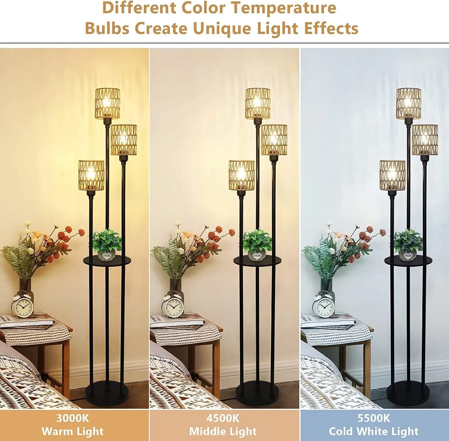 3-Lights Rattan Floor Lamp with Shelves