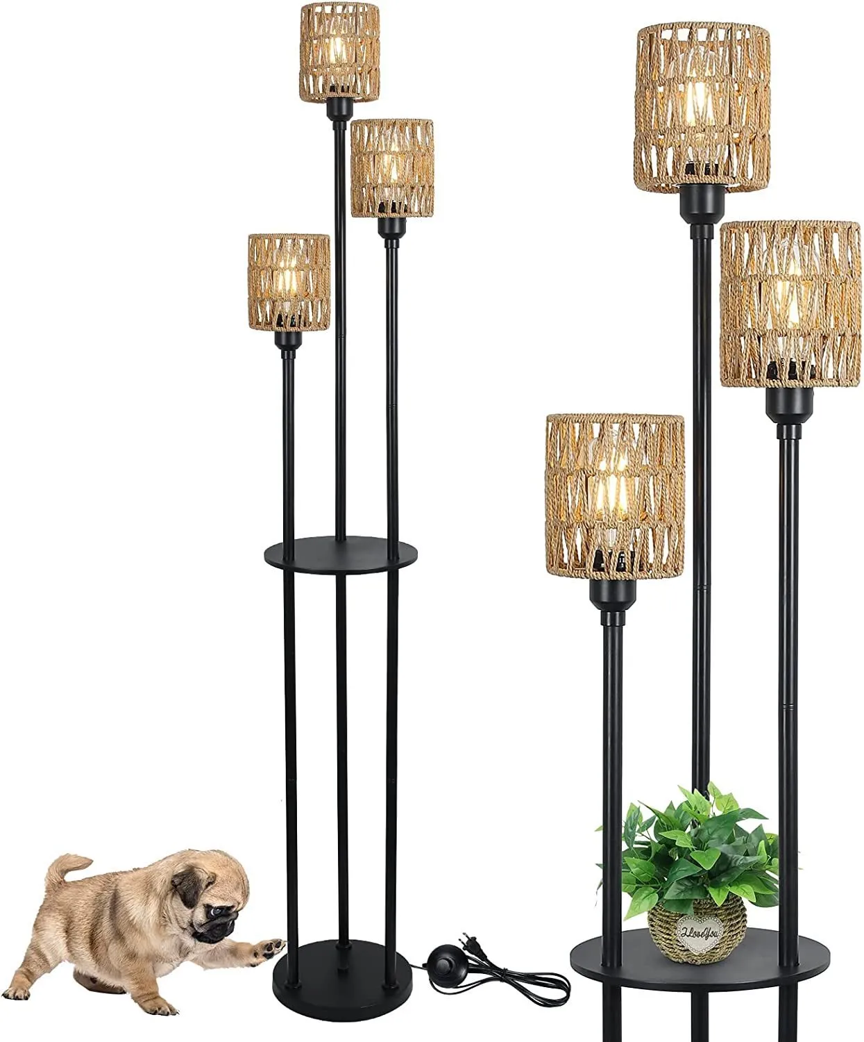 3-Lights Rattan Floor Lamp with Shelves