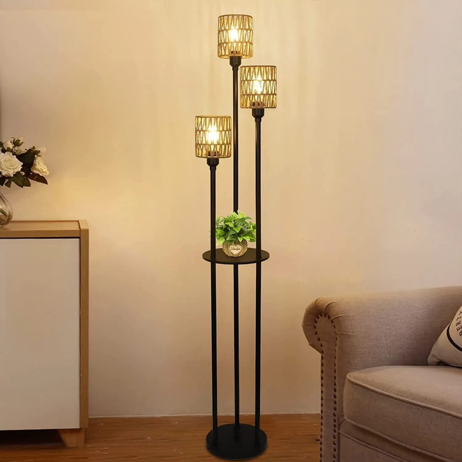 3-Lights Rattan Floor Lamp with Shelves