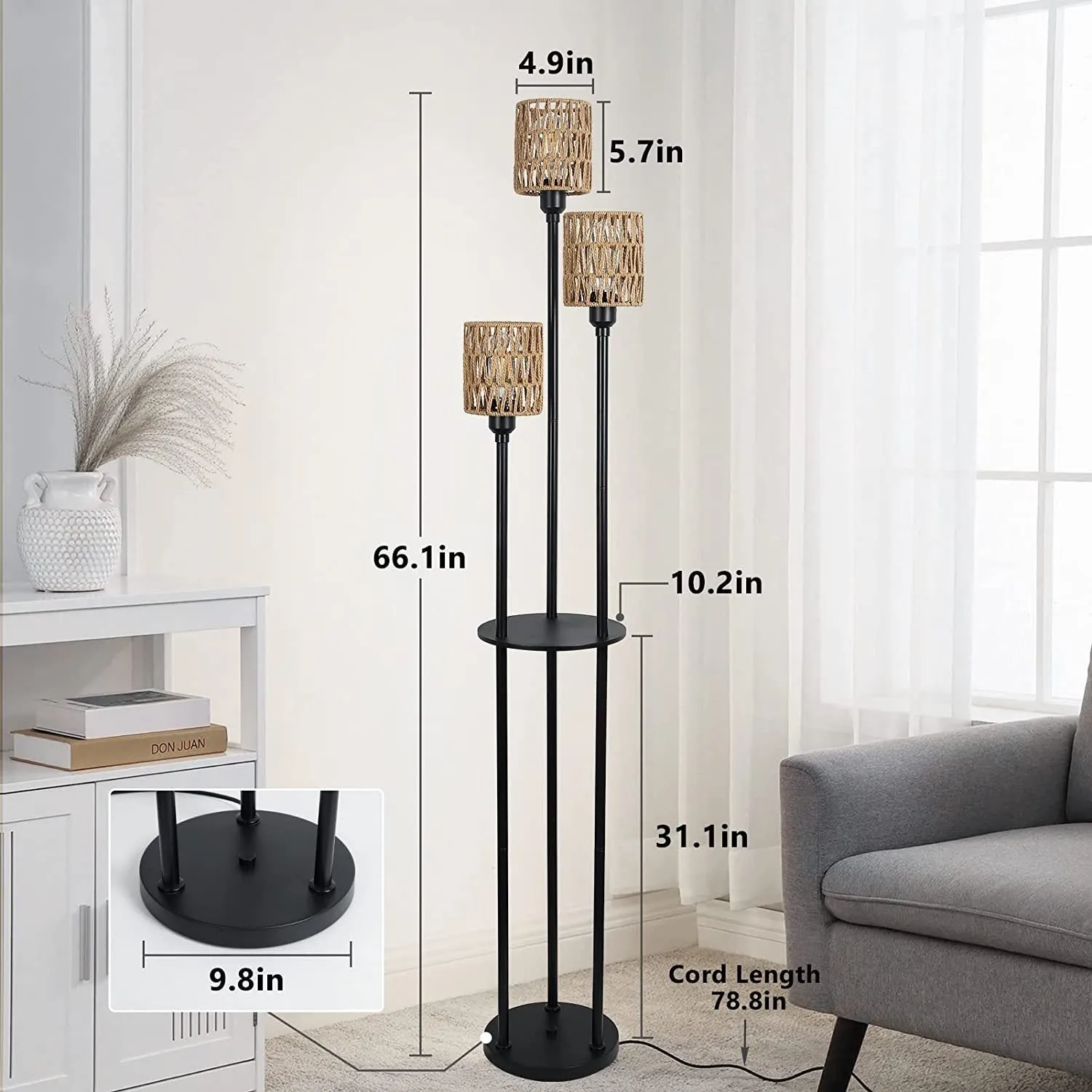 3-Lights Rattan Floor Lamp with Shelves