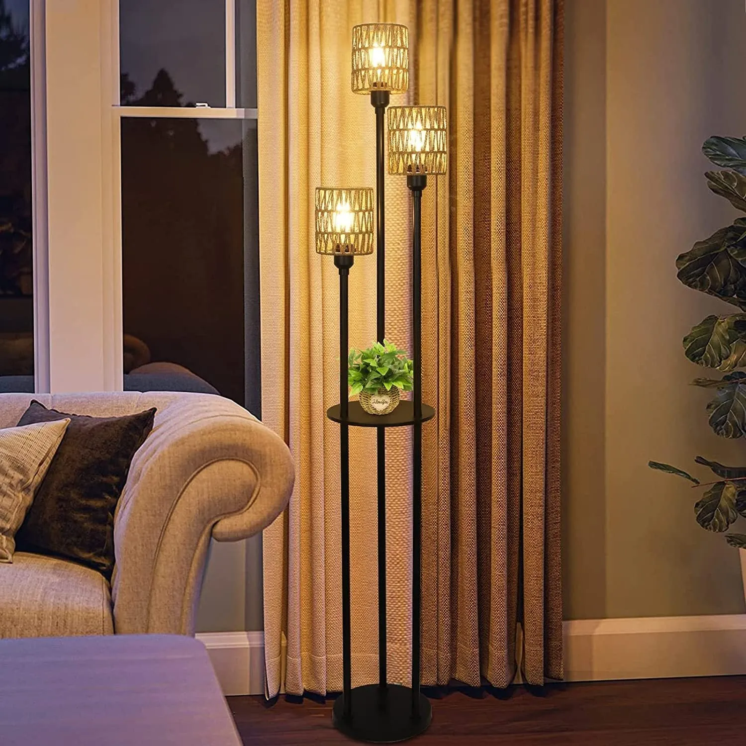 3-Lights Rattan Floor Lamp with Shelves