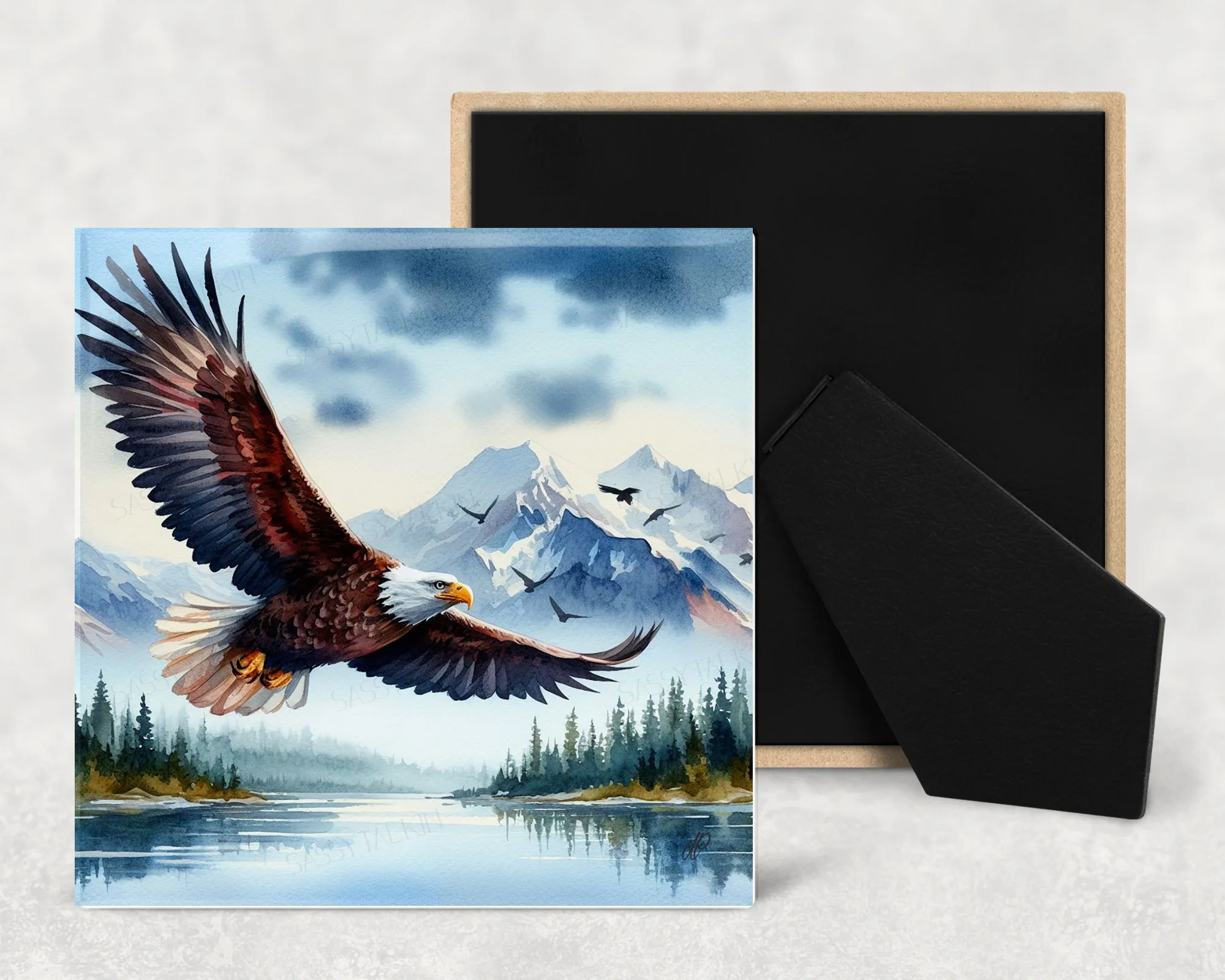 Art Tile, AL, Eagle in the sky, 4"x4" or 6"x6", Ceramic, watercolor, easel back