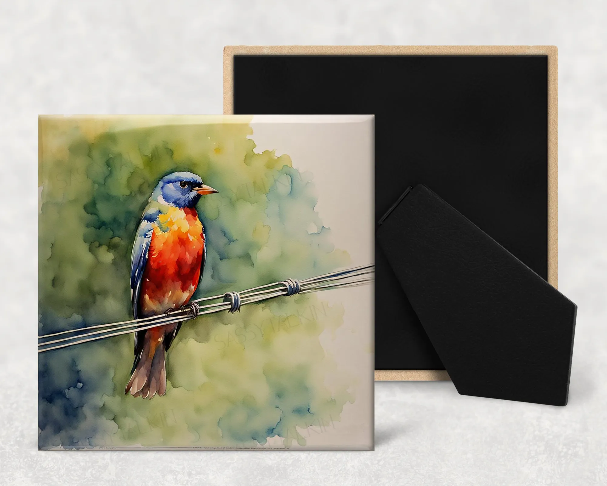 Art Tile, BI, Bird on a wire, 4"x4" or 6"x6", Ceramic, watercolor, easel back