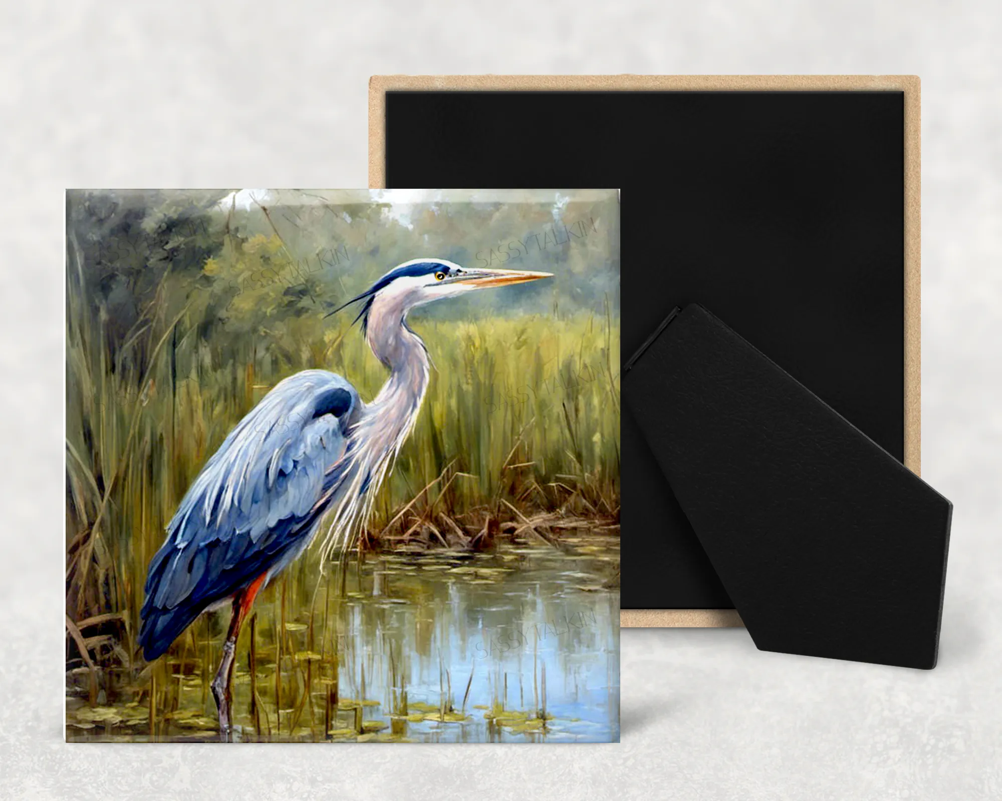 Art Tile, CJ, Blue Heron, 4"x4" or 6"x6", Ceramic, watercolor, easel back