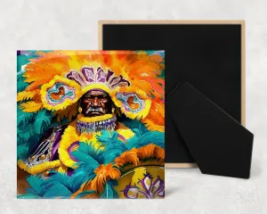 Art Tile, MG, Mardi Gras Indian Orange , 4"x4" or 6"x6", Ceramic, watercolor, easel back