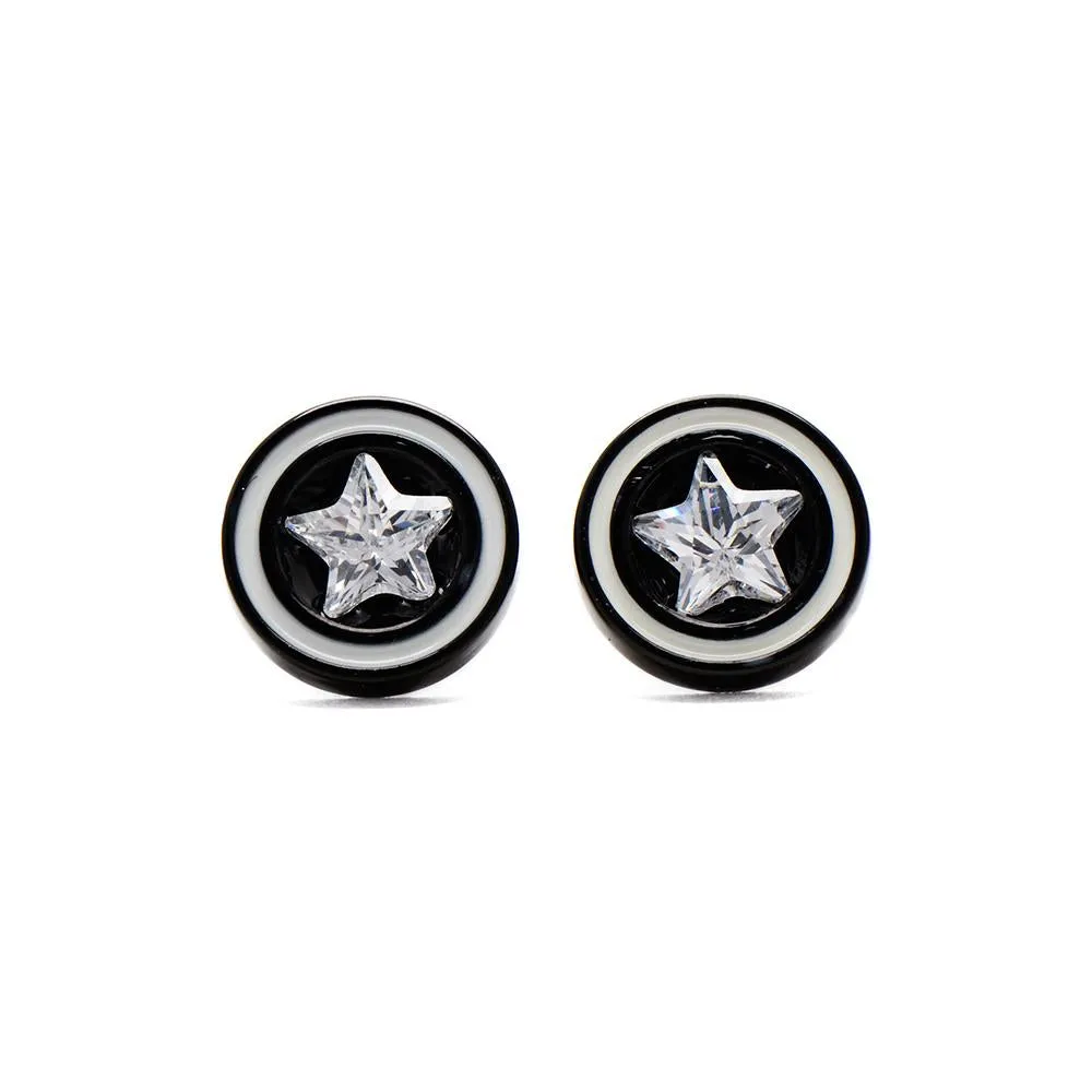 Black Fake Tunnel Earrings with Clear Star Cubic Zirconia