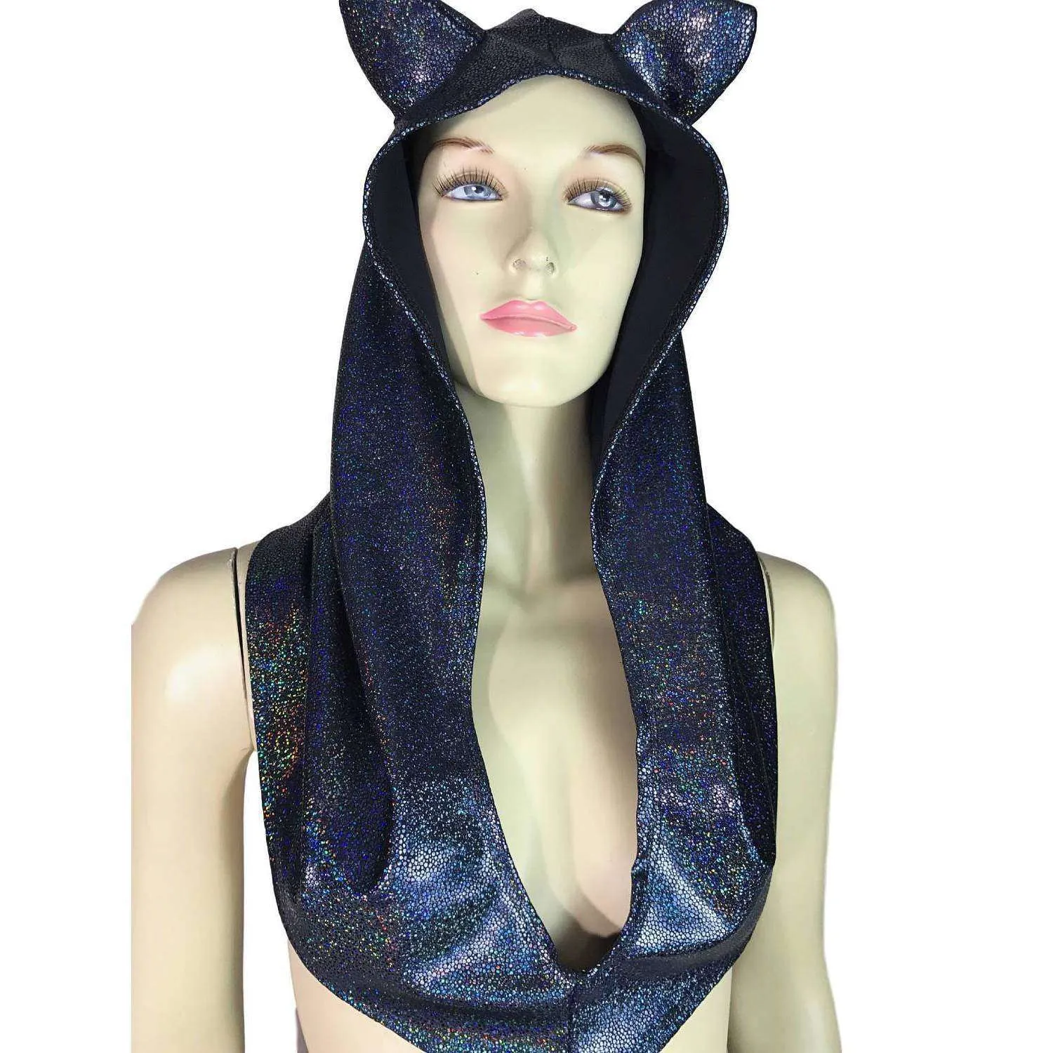 Cat Ear Black Holographic Rave Hood