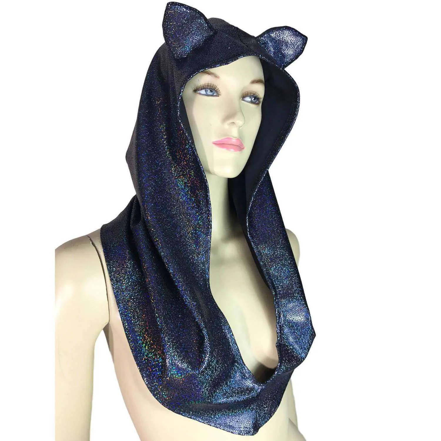 Cat Ear Black Holographic Rave Hood