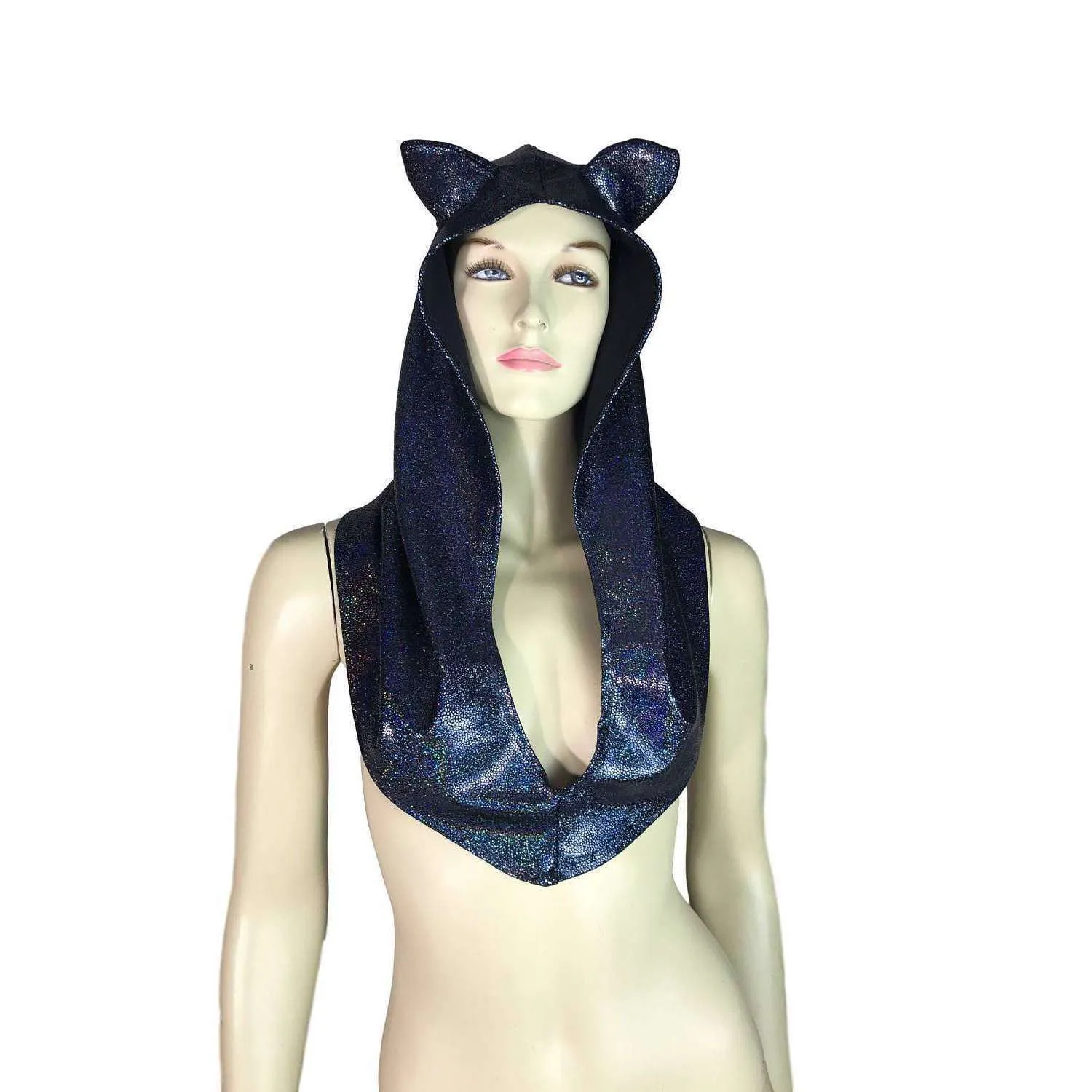 Cat Ear Black Holographic Rave Hood