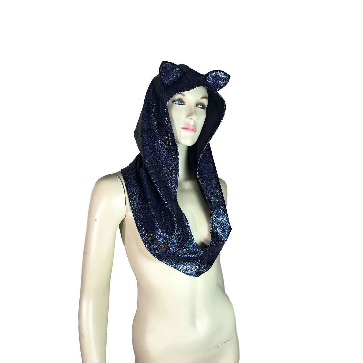 Cat Ear Black Holographic Rave Hood