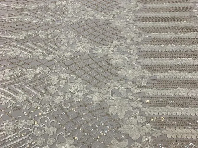 Corded 3D Flowers/Floral Mesh Lace Sequins Fabric By The Yard For Gowns, Skirts, Prom Dresses