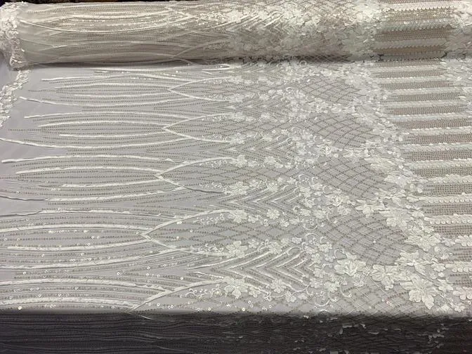 Corded 3D Flowers/Floral Mesh Lace Sequins Fabric By The Yard For Gowns, Skirts, Prom Dresses