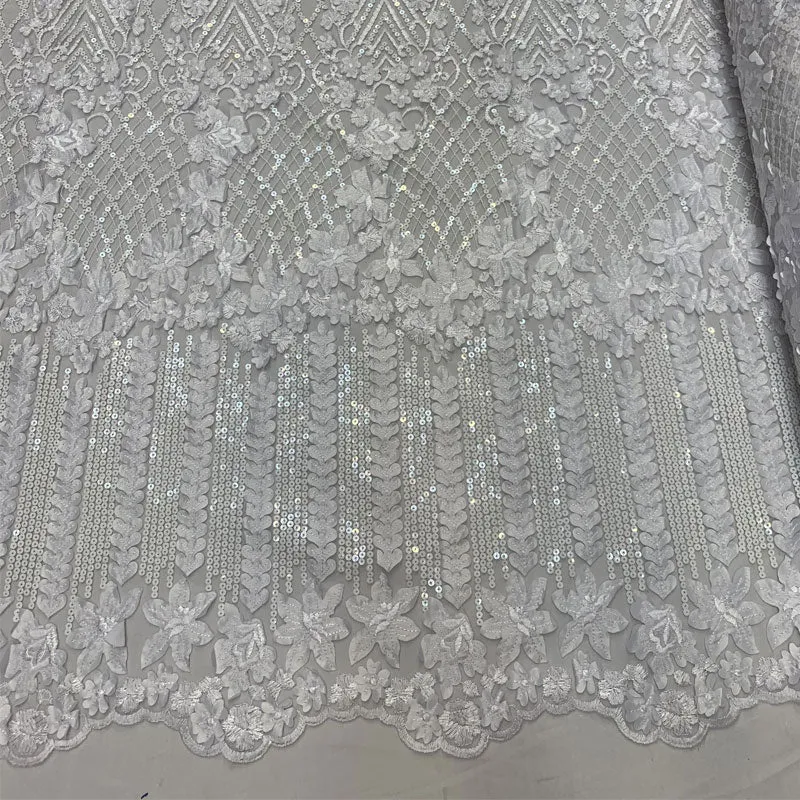 Corded 3D Flowers/Floral Mesh Lace Sequins Fabric By The Yard For Gowns, Skirts, Prom Dresses