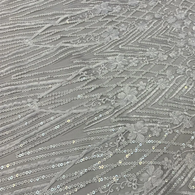 Corded 3D Flowers/Floral Mesh Lace Sequins Fabric By The Yard For Gowns, Skirts, Prom Dresses