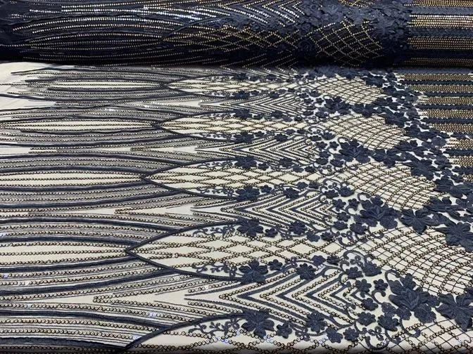 Corded 3D Flowers/Floral Mesh Lace Sequins Fabric By The Yard For Gowns, Skirts, Prom Dresses