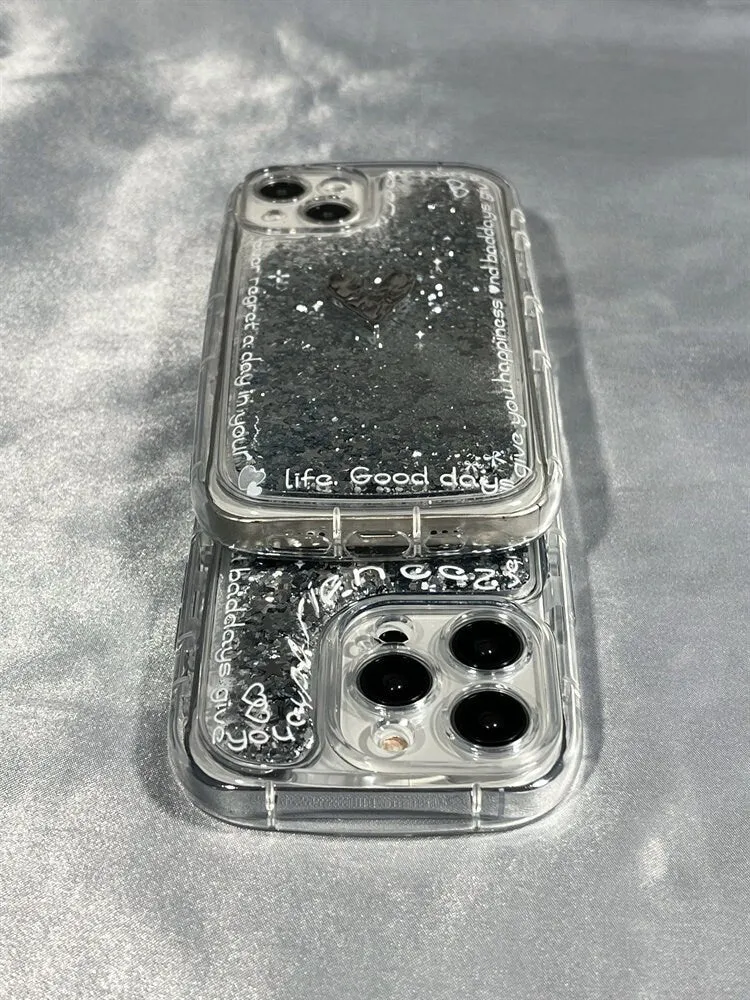 Cute Thick Clear Liquid with Silver Glitter Design   Bead Strap Protective Shockproof Phone Case for iPhone 11 12 13 14 15 Pro Max Case