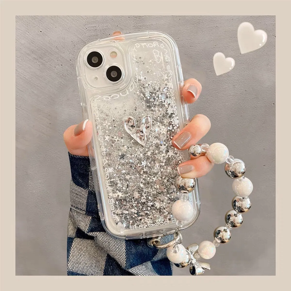 Cute Thick Clear Liquid with Silver Glitter Design   Bead Strap Protective Shockproof Phone Case for iPhone 11 12 13 14 15 Pro Max Case