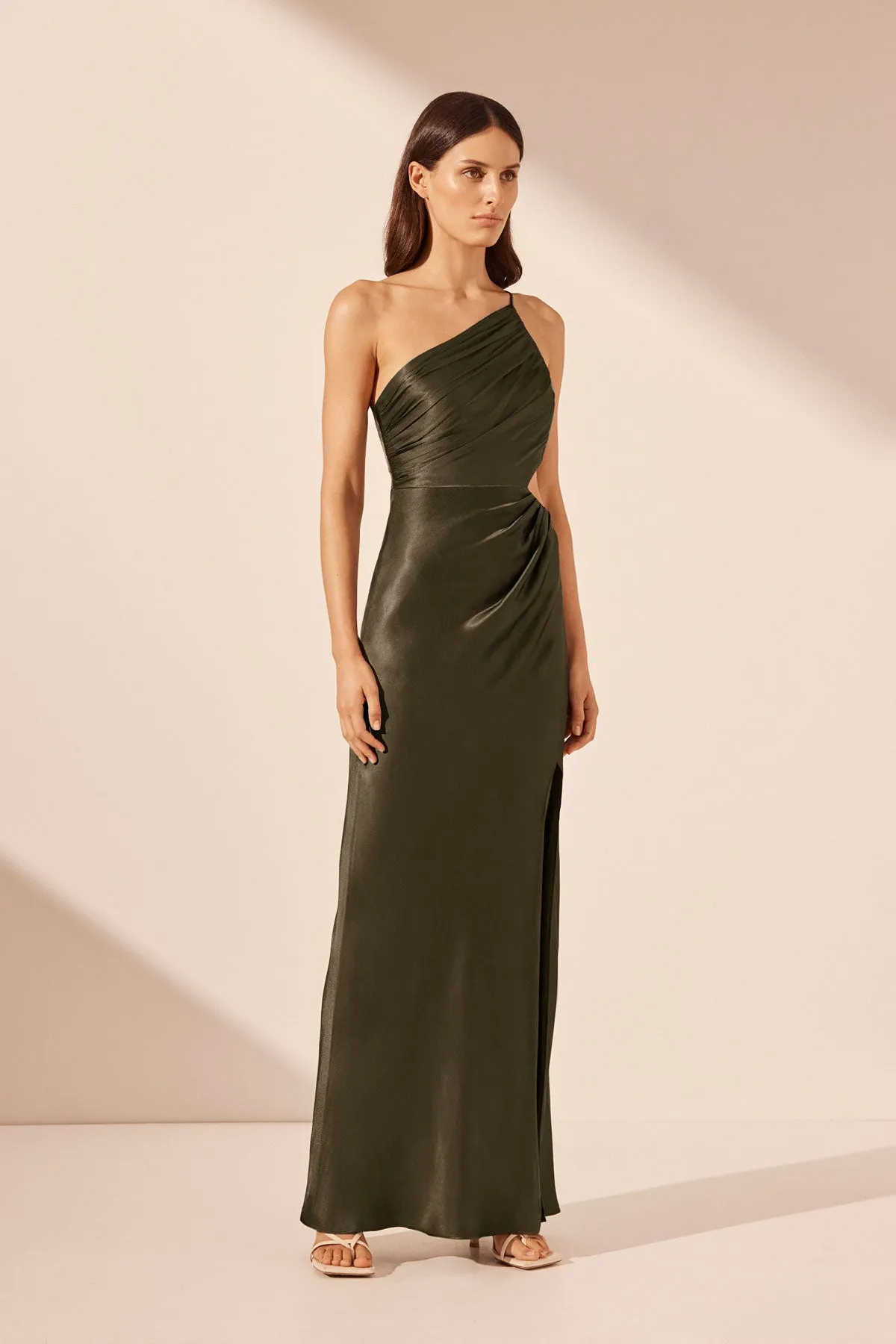 LA LUNE ASYMMETRICAL GATHERED MAXI DRESS - FOREST