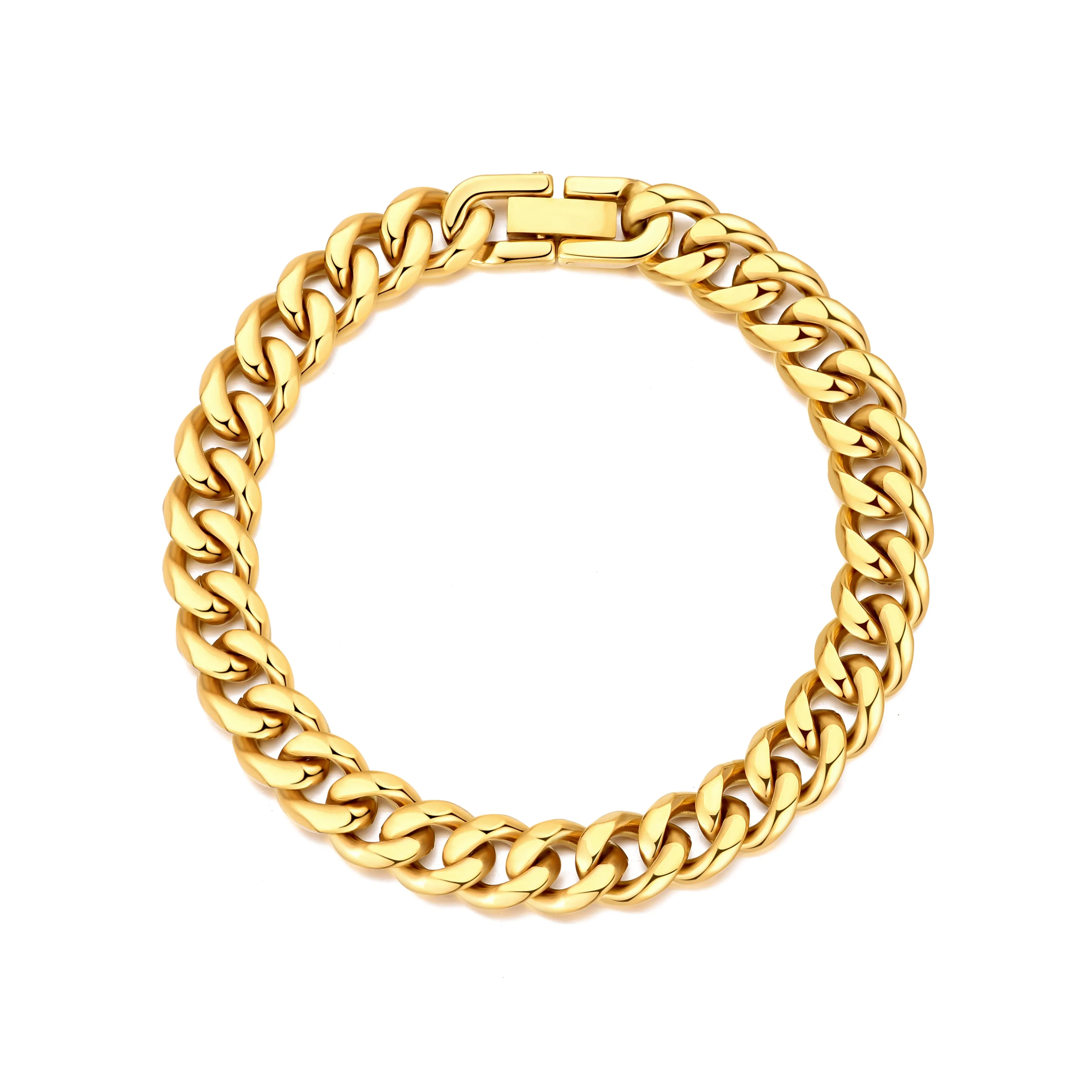 Men's 9mm Gold Plated Stainless Steel 7.5-8.5 Inch Curb Chain Bracelet