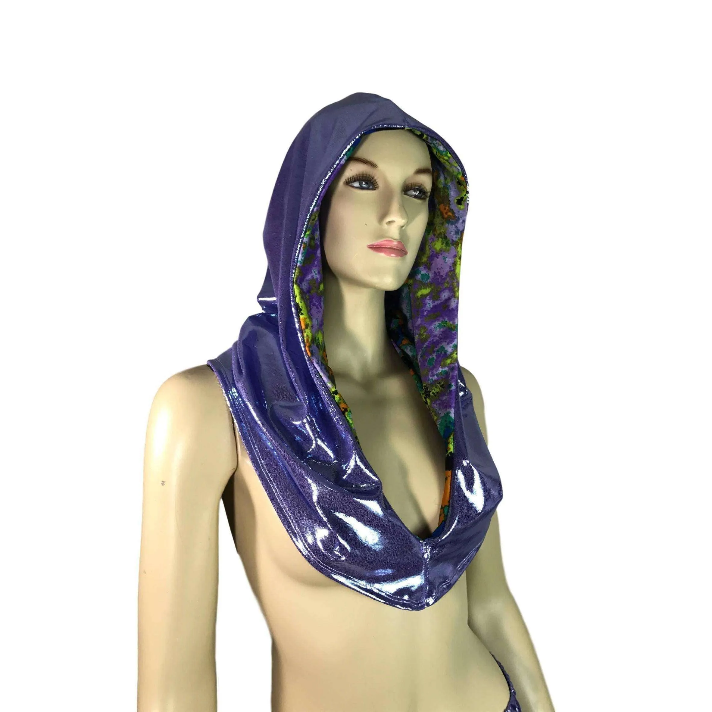 Reversible Splatter Print & Lilac Purple Mystique Metallic Rave Hood