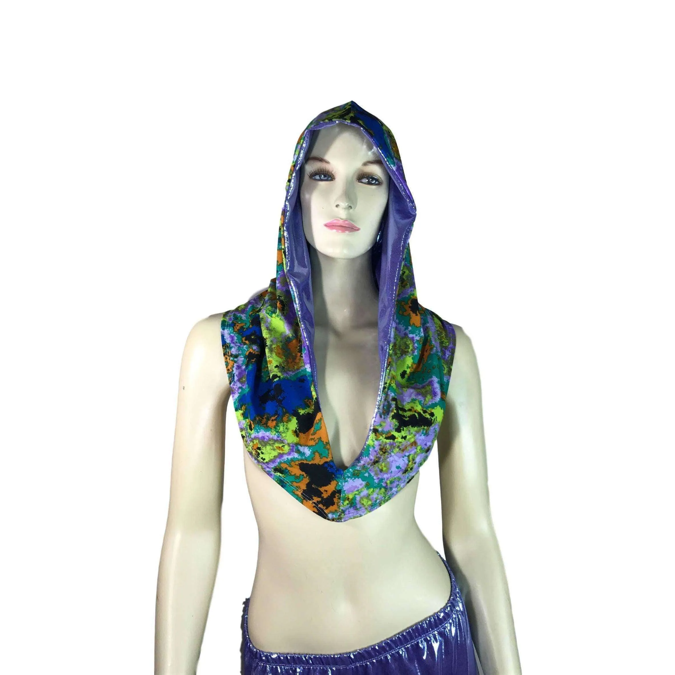 Reversible Splatter Print & Lilac Purple Mystique Metallic Rave Hood